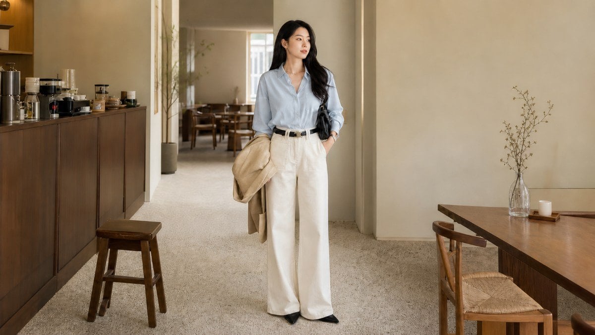 Sơ mi xanh nhạt và quần trắng ngà cho outfit sáng, sạch và tối giản