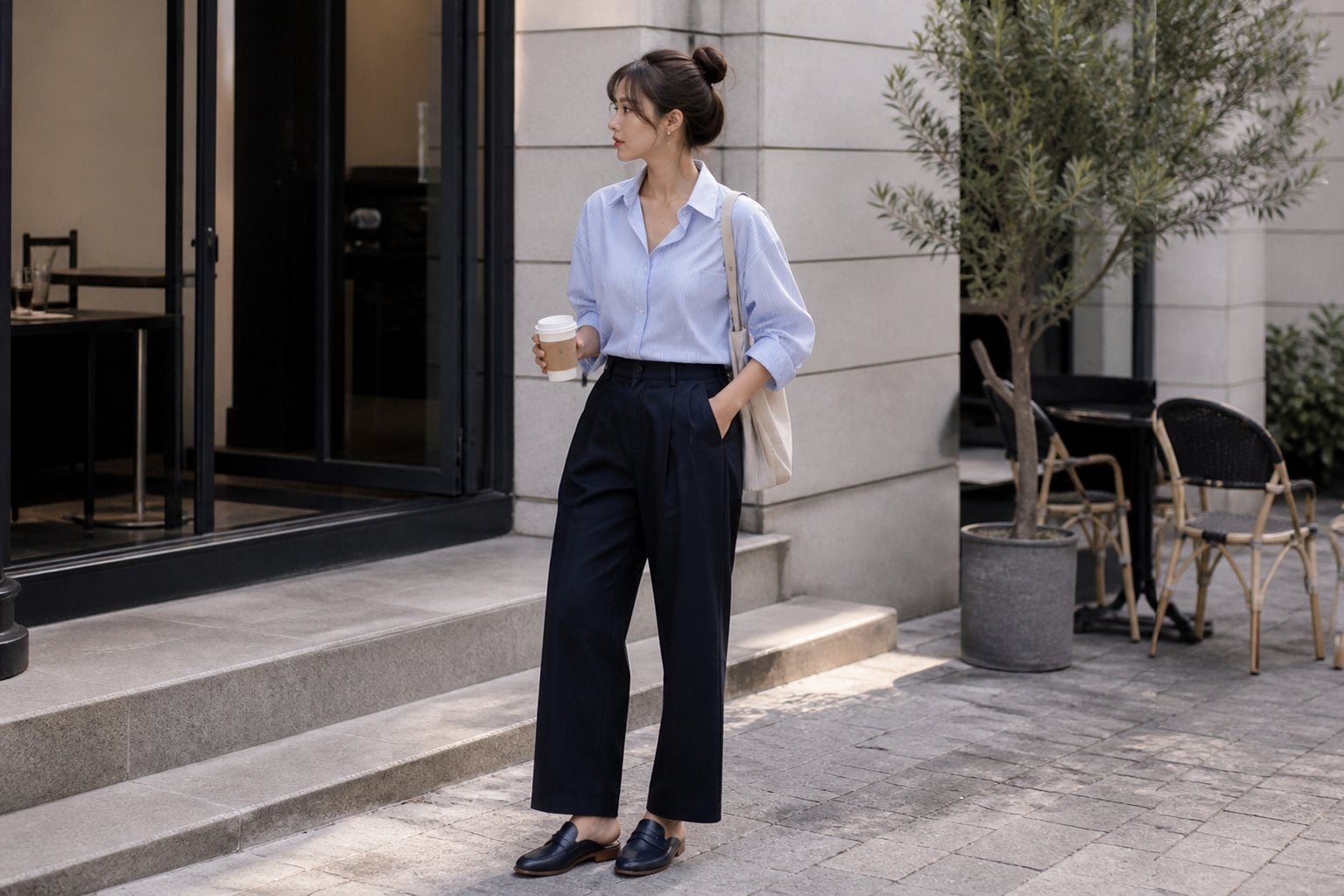 Giày sục phối áo sơ mi, blazer hoặc knit top theo kiểu smart casual