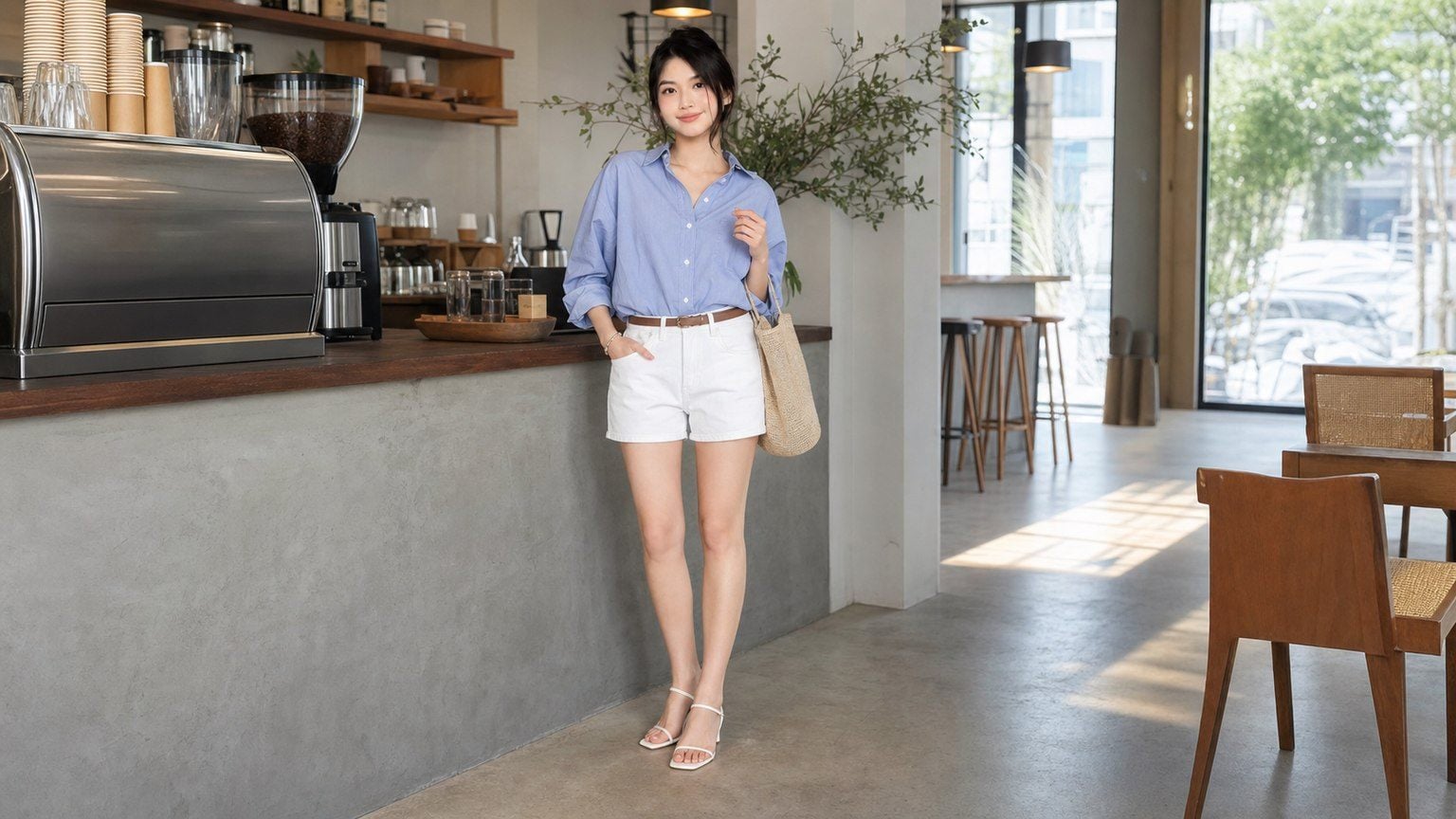 Sơ mi oversized, short ngắn và sandal quai mảnh cho ngày thoáng mà gọn