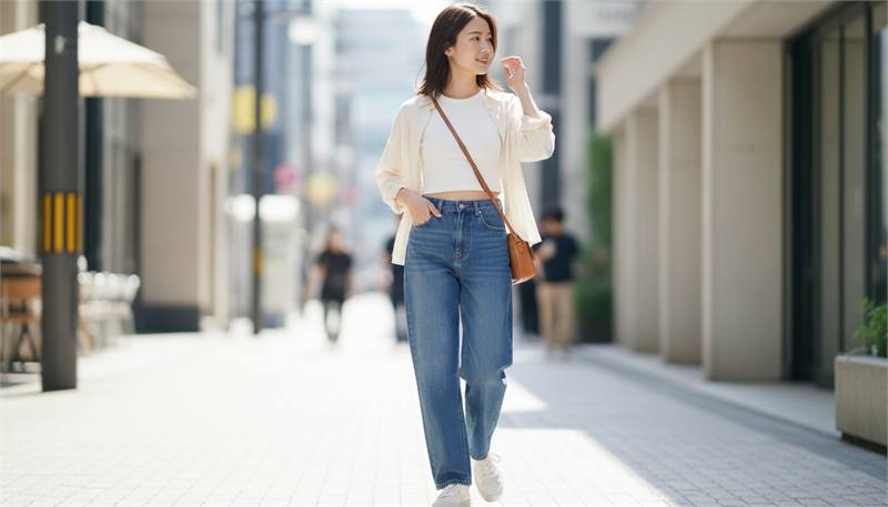 Cô gái mặc quần jeans ống suông phối áo croptop sành điệu, tôn eo và tạo cảm giác chân dài, mang đến vẻ ngoài trẻ trung, hiện đại.