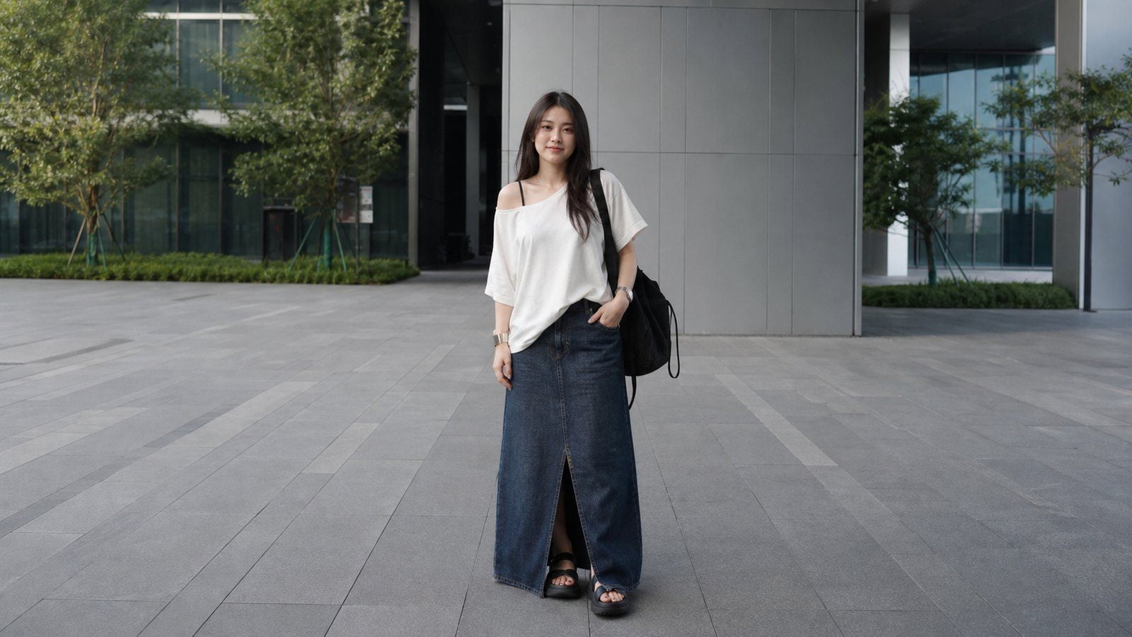 Áo trễ vai phối chân váy denim dài tạo cảm giác cá tính hơn