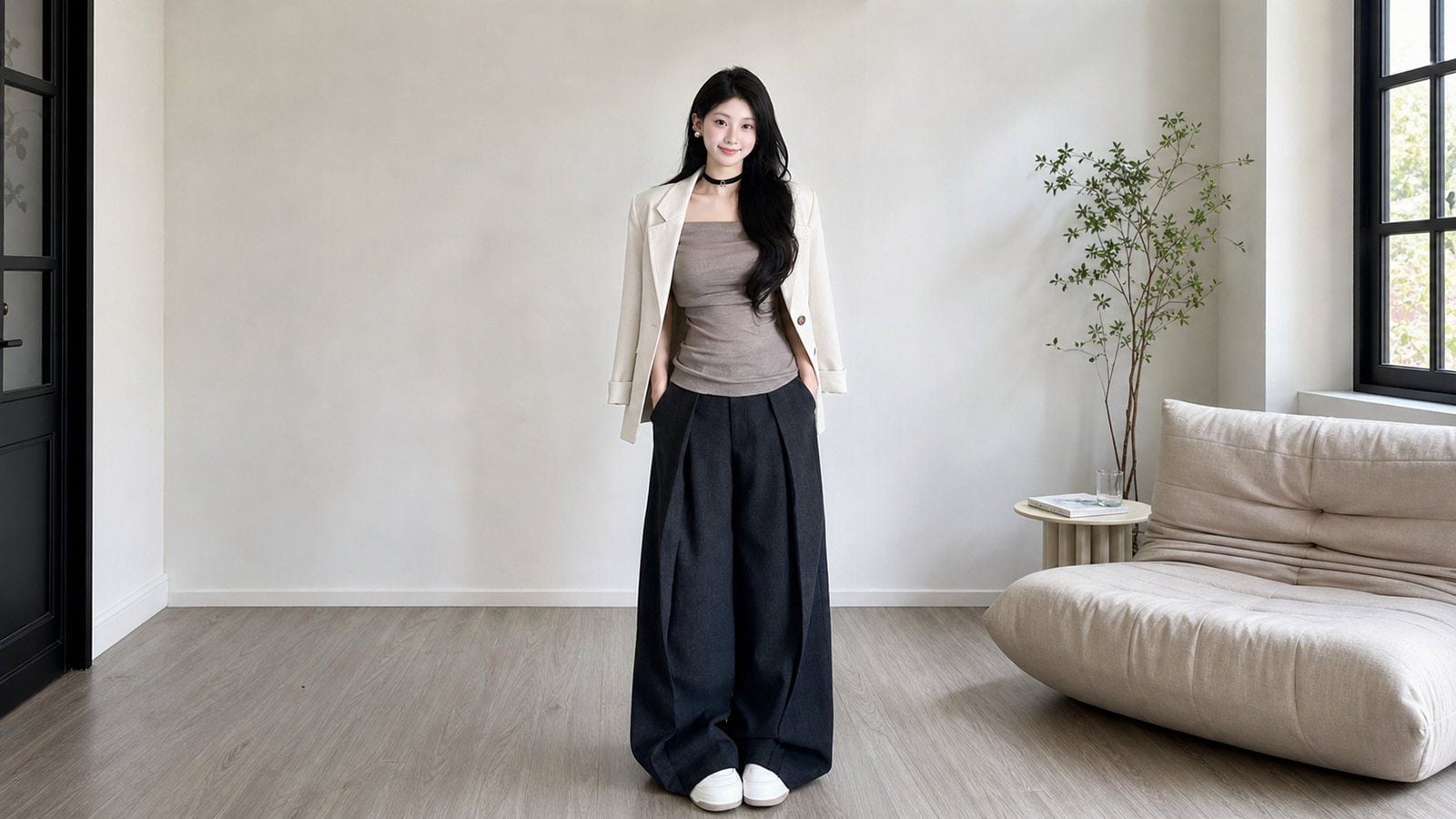 Áo trễ vai khoác blazer ngoài để set đồ gọn và có cấu trúc hơn