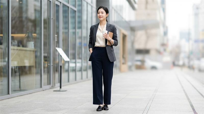 Phối đồ công sở thanh lịch với quần tây ống rộng, áo sơ mi/blouse và blazer, gam màu trung tính.