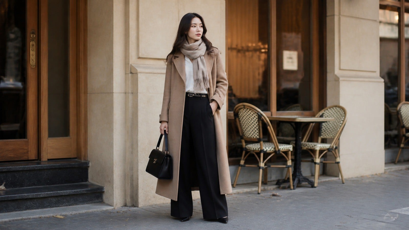 Áo măng tô nữ với scarf và túi có phom