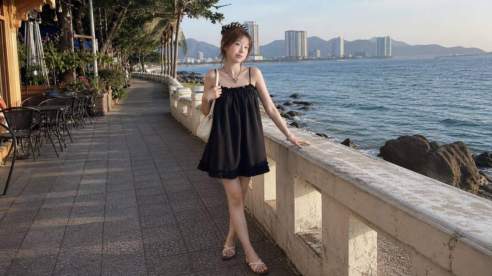 Đầm hai dây tối giản cho chiều tối và dạo biển ở Nha Trang