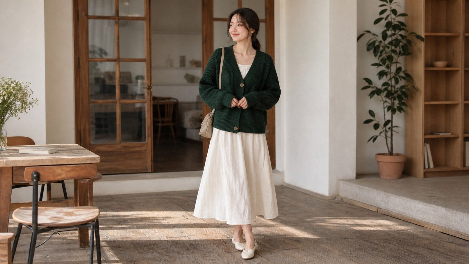 Cardigan xanh lá trầm phối váy trắng ngà cho nữ 2003 thích outfit mềm hơn