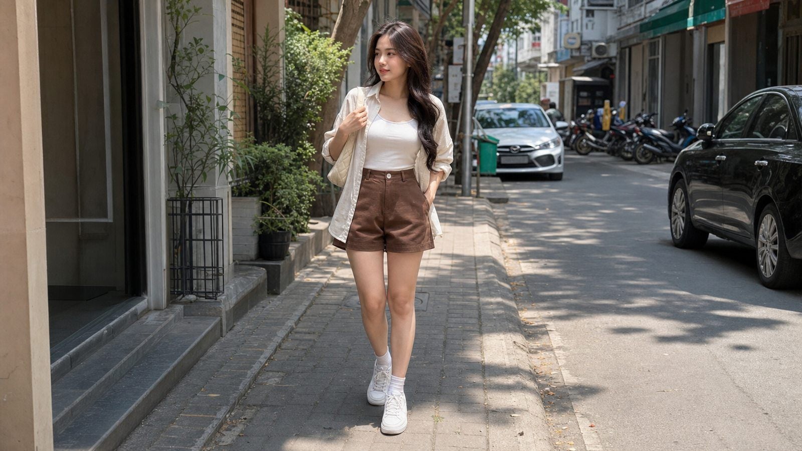 Tank top gọn, sơ mi khoác mỏng và quần short đứng dáng