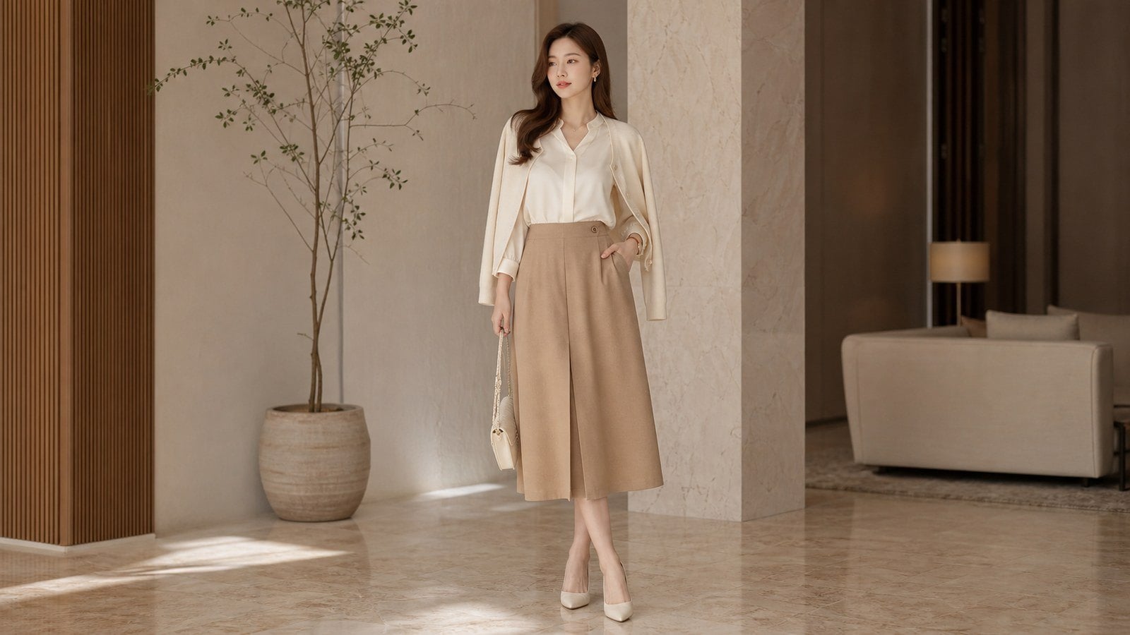 Set nâu nhạt và kem giúp outfit ấm hơn nhưng vẫn đúng mệnh