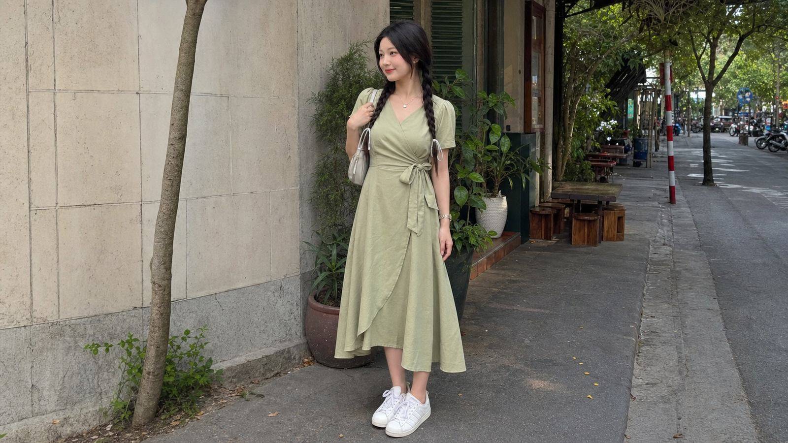 Váy chữ A, wrap hoặc váy có điểm eo khéo cho người béo bụng