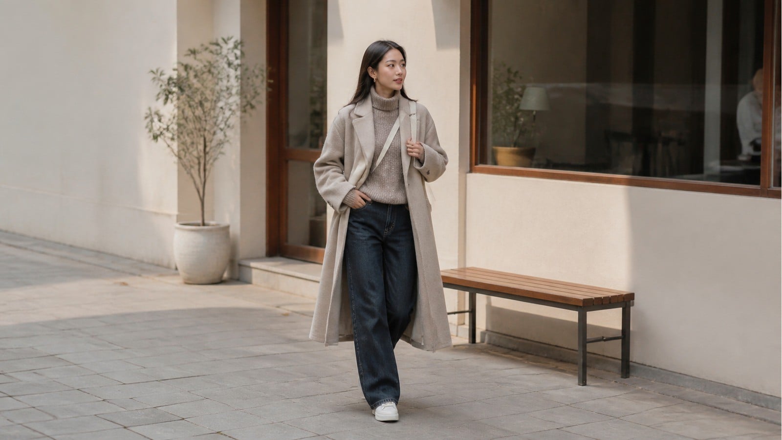 Áo măng tô nữ với áo len cổ lọ và quần jeans