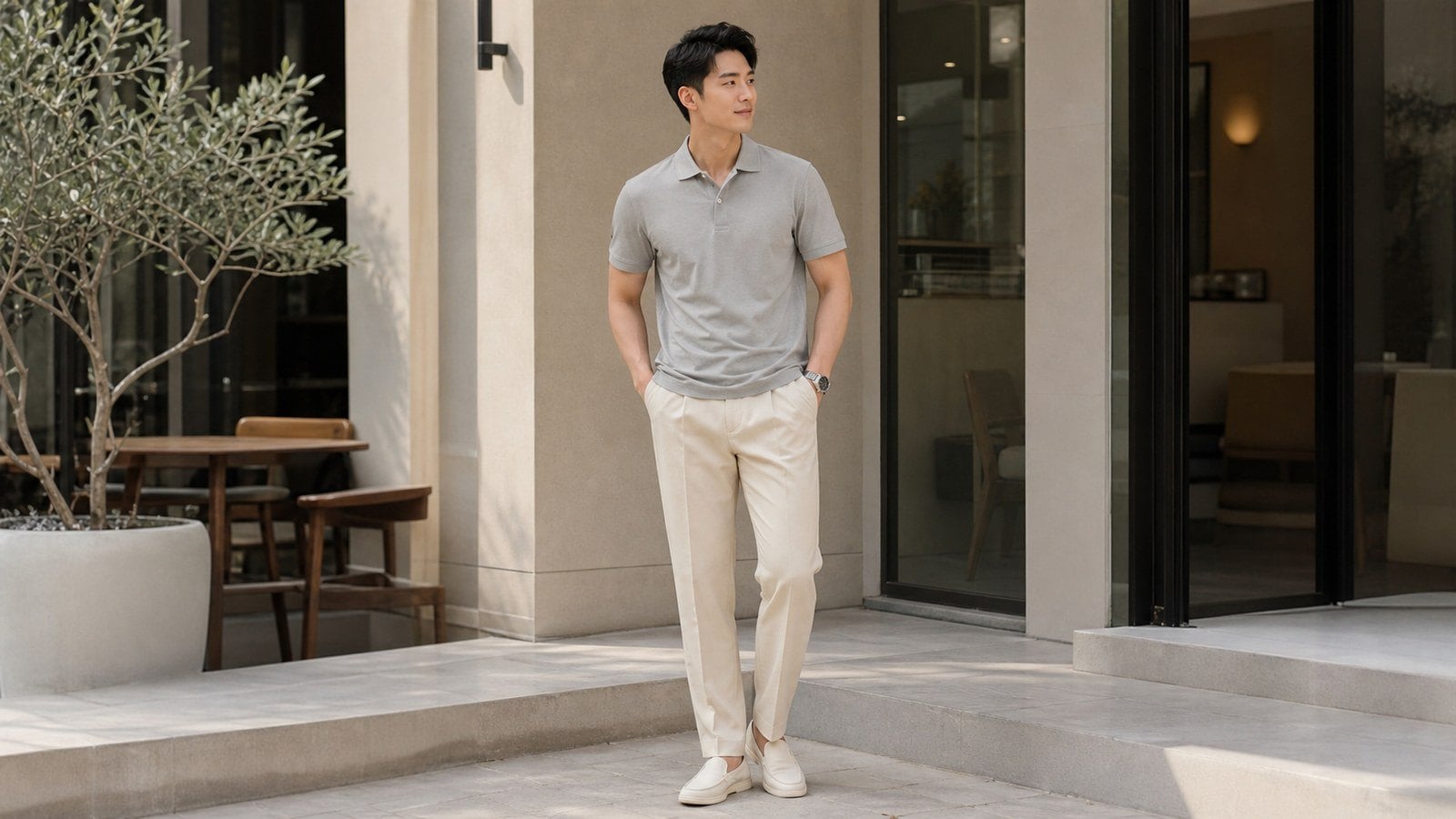 Polo xám phối quần be sáng cho cuối tuần thoải mái