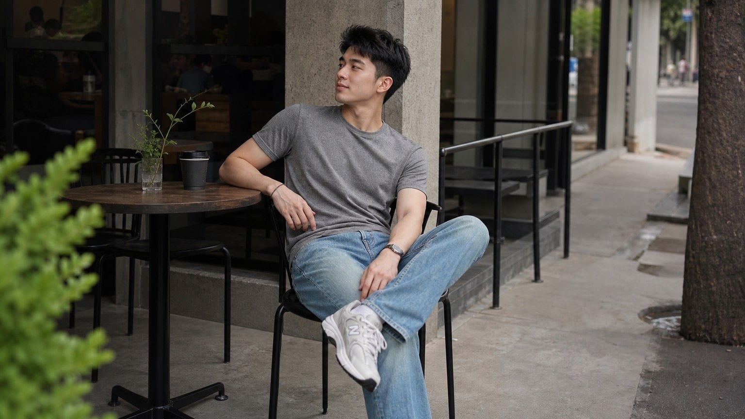 Áo thun xám phối denim xanh nhạt cho nam 2000 thích set đồ đơn giản