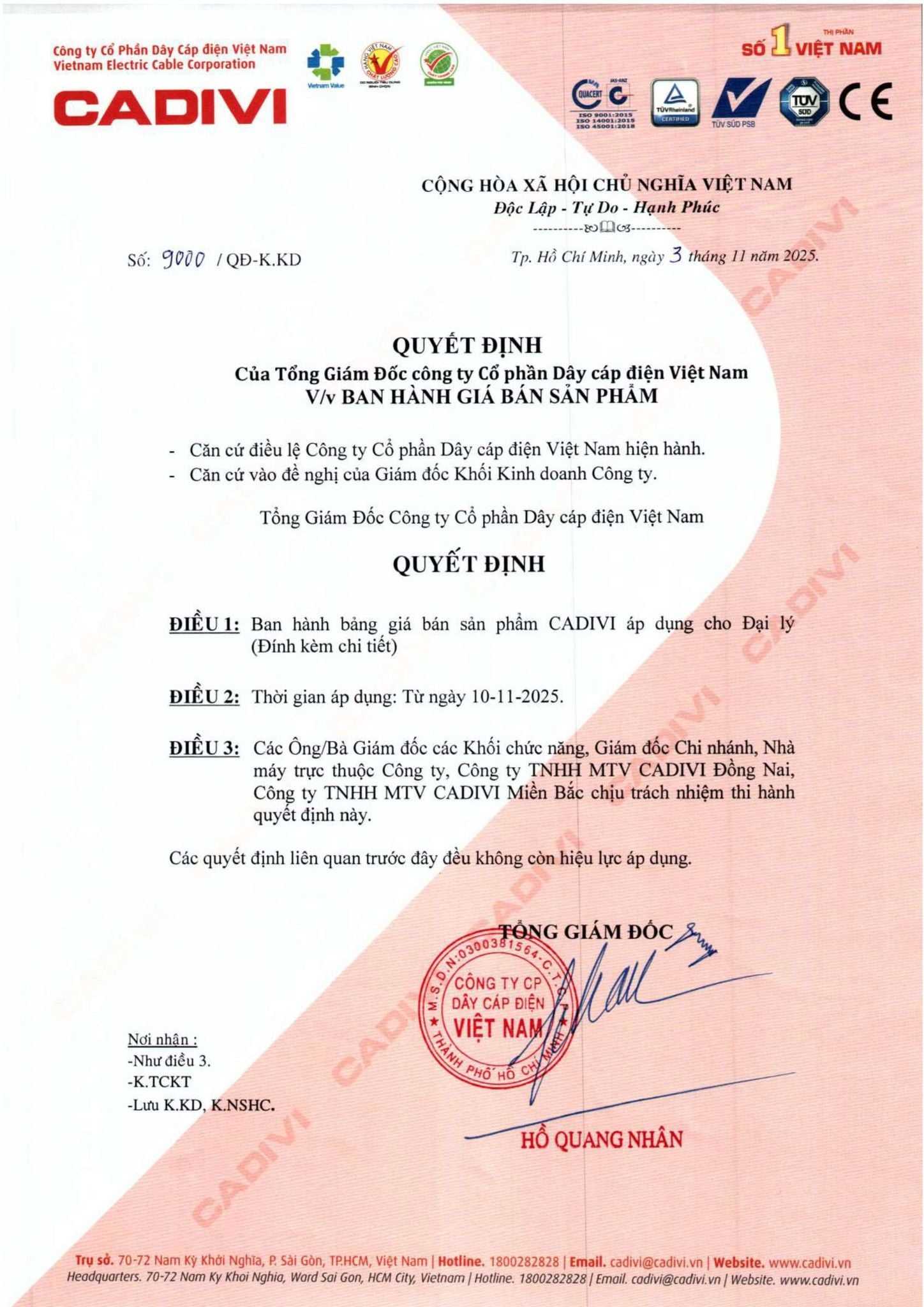 Bảng giá Cadivi mới nhất hôm nay trang Bia 1