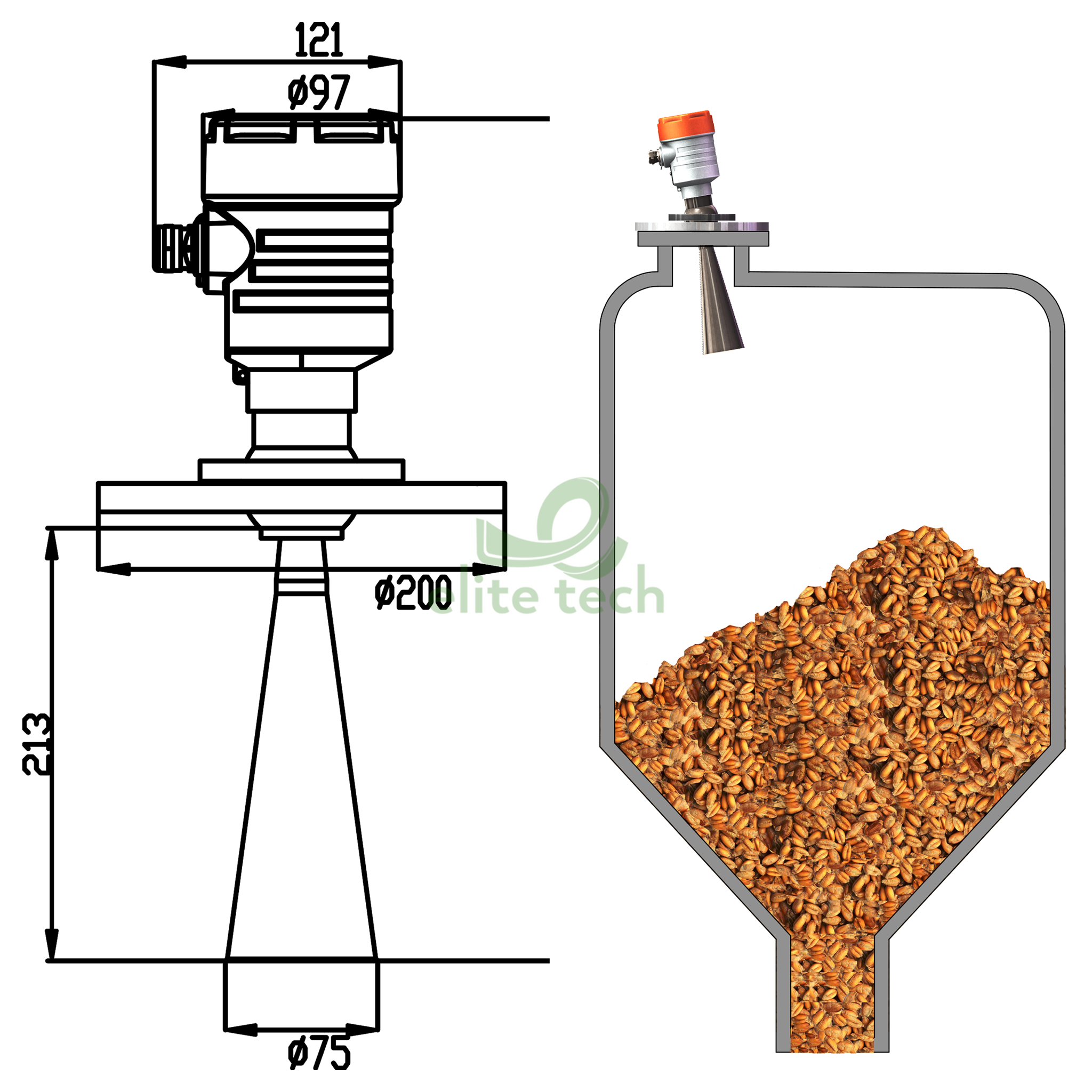 Cảm Biến Mức HCCK HCDAR-63 Radar Solid Level Sensor Dimension.png