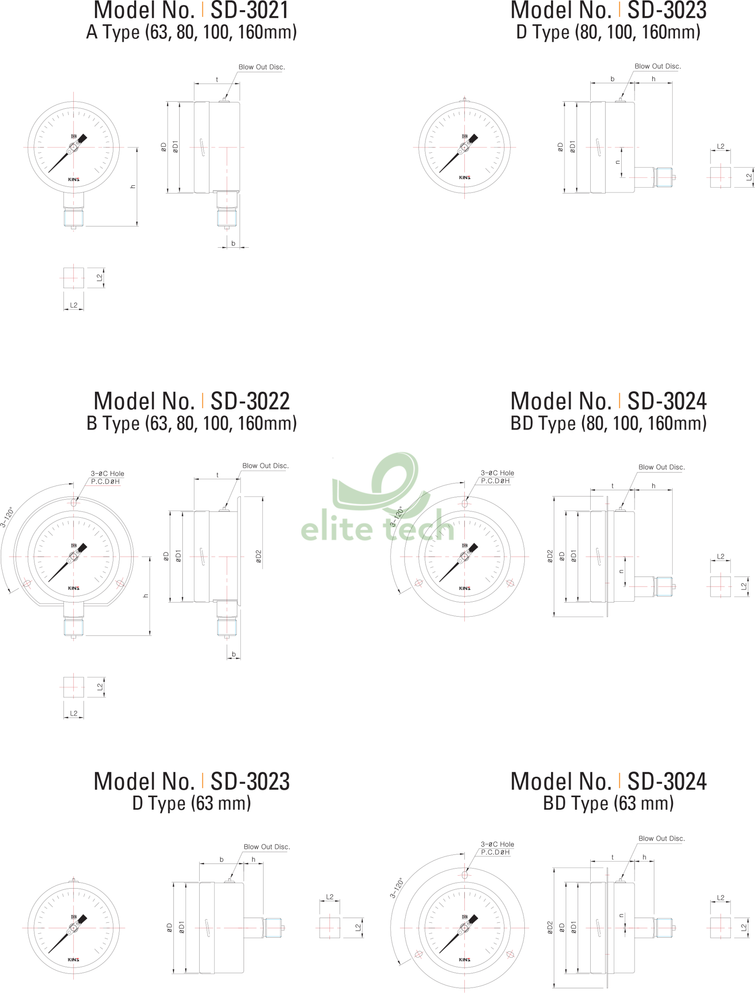 Đồng Hồ Áp Suất KINS SD-3020 Dimension