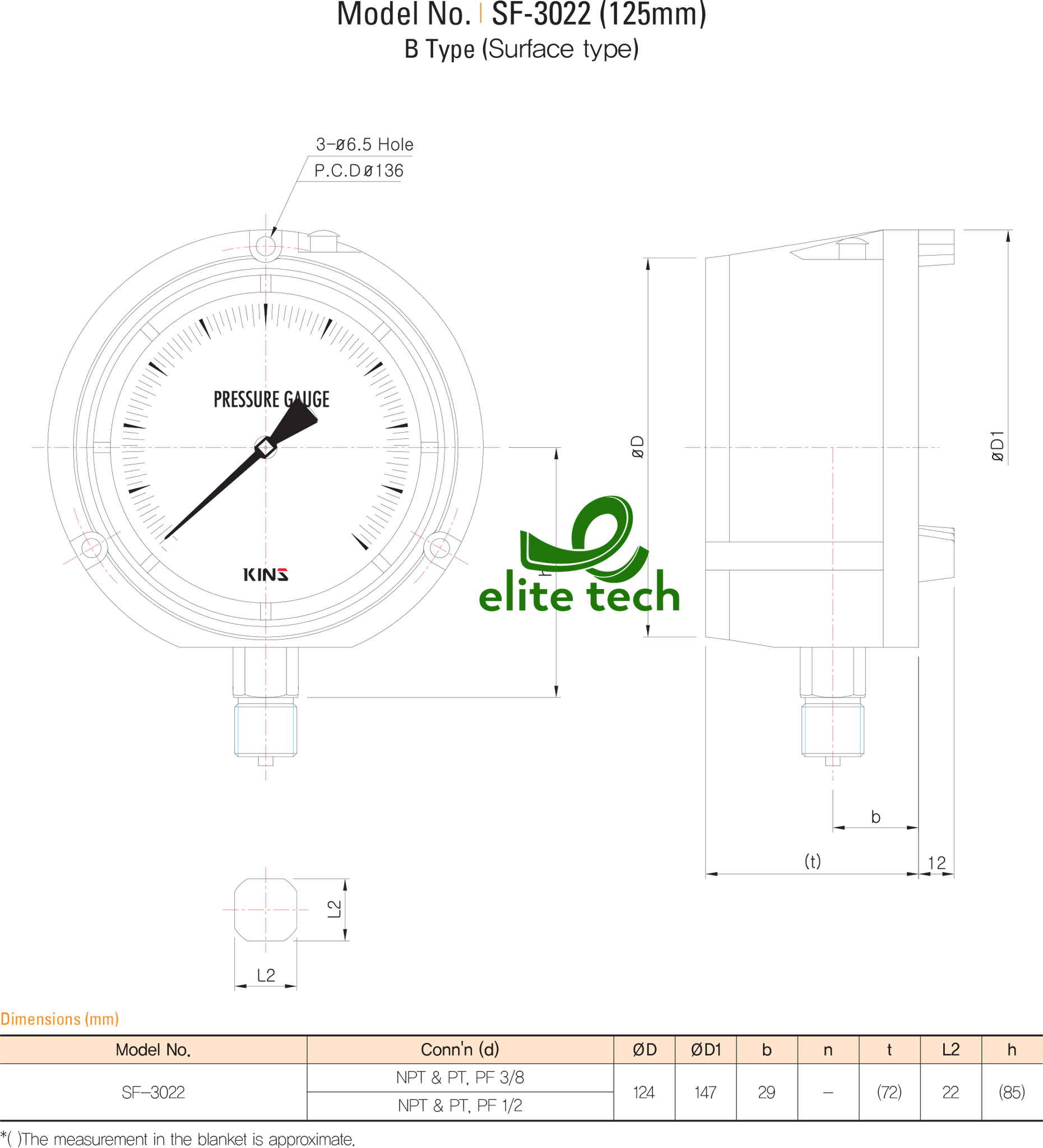 Đồng Hồ Áp Suất KINS SF-3020 125mm Solid Front Safety Pressure Gauge