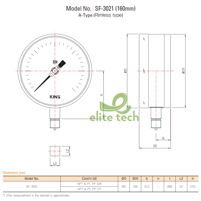 Đồng Hồ Áp Suất KINS SF-3020 160mm Solid Front Safety Pressure Gauge