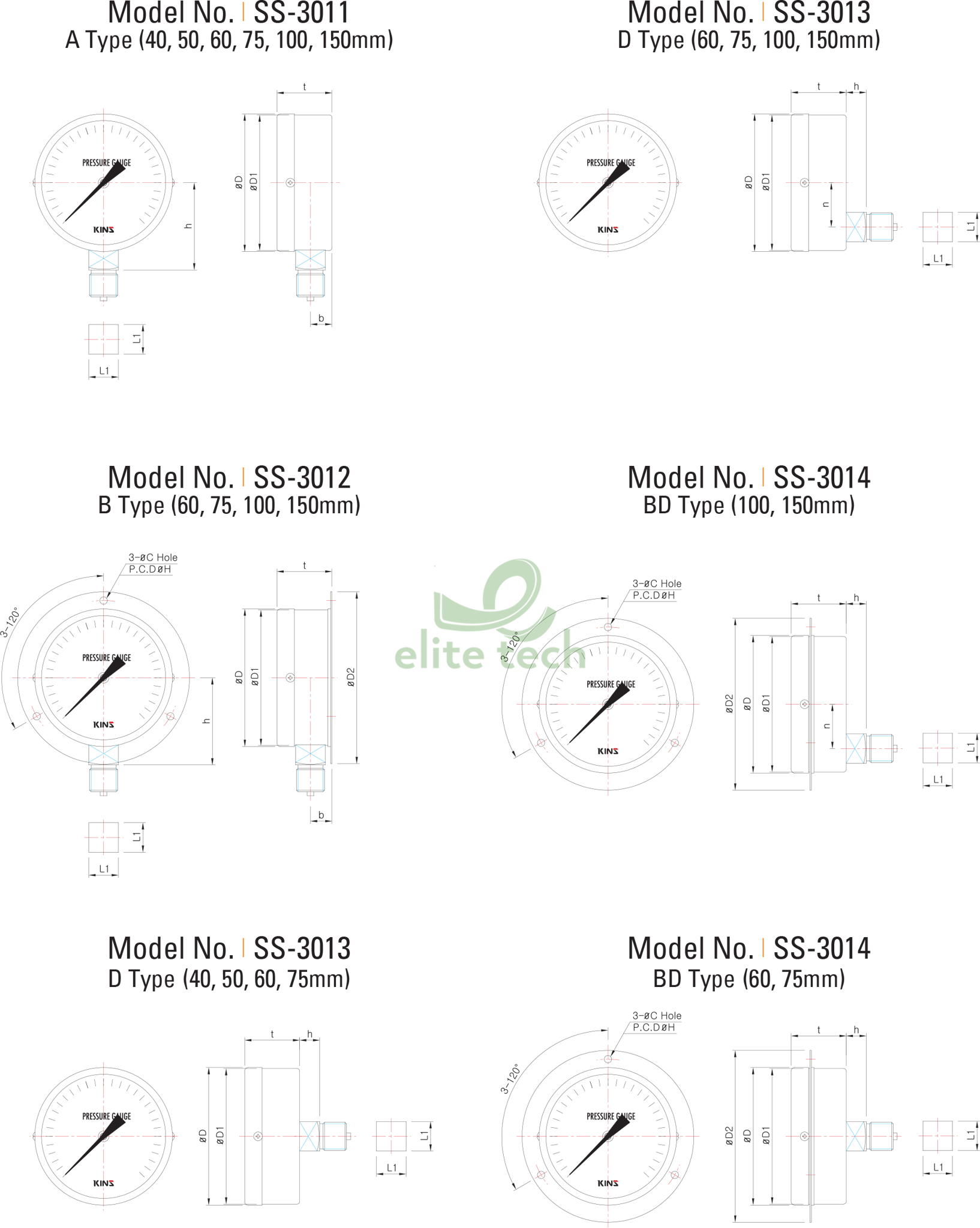 Đồng Hồ Áp Suất KINS SS-3010 Dimension