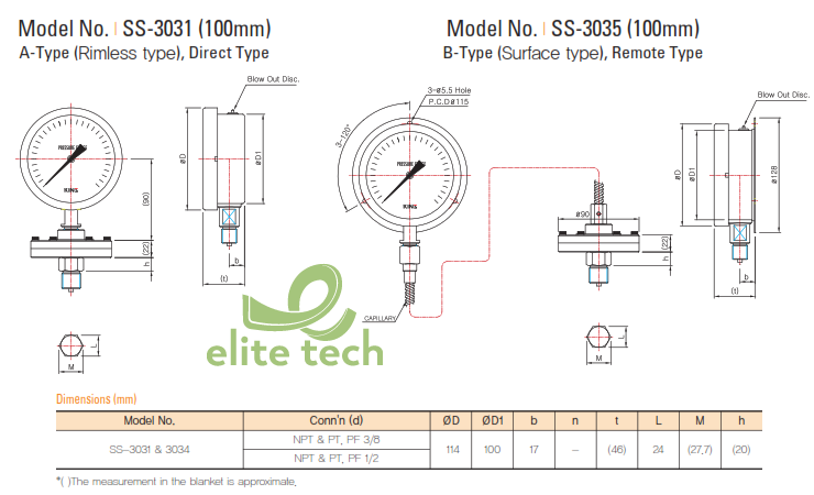 Đồng Hồ Áp Suất KINS SS-3031 SS-3034 Diaphragm Seal Type Pressure Gauge