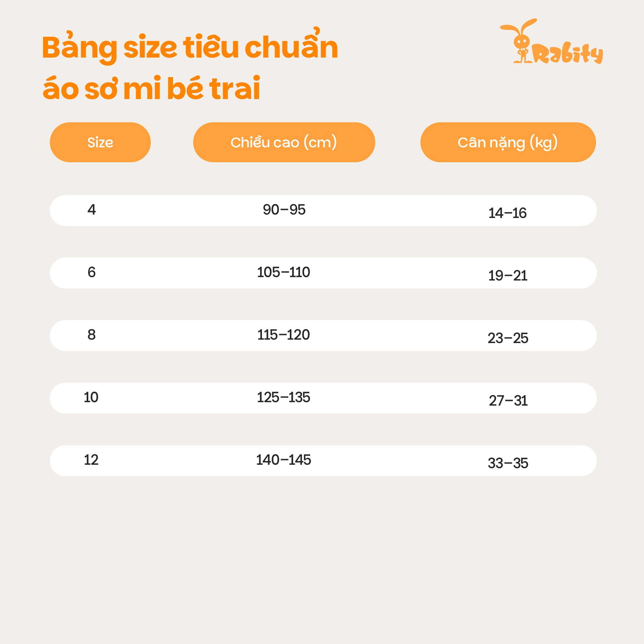 Bảng size tham khảo áosơ mi ngắn tay bé trai Rabity 902.051