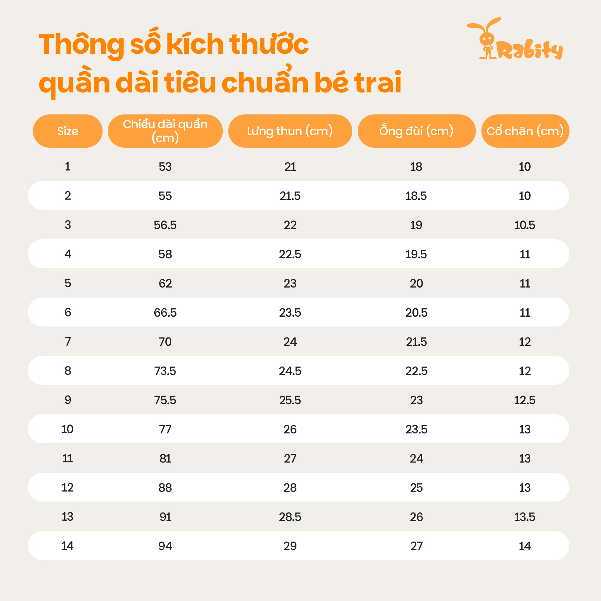 Bảng size tham khảo Quần dài nhung bé trai Rabity 947.001