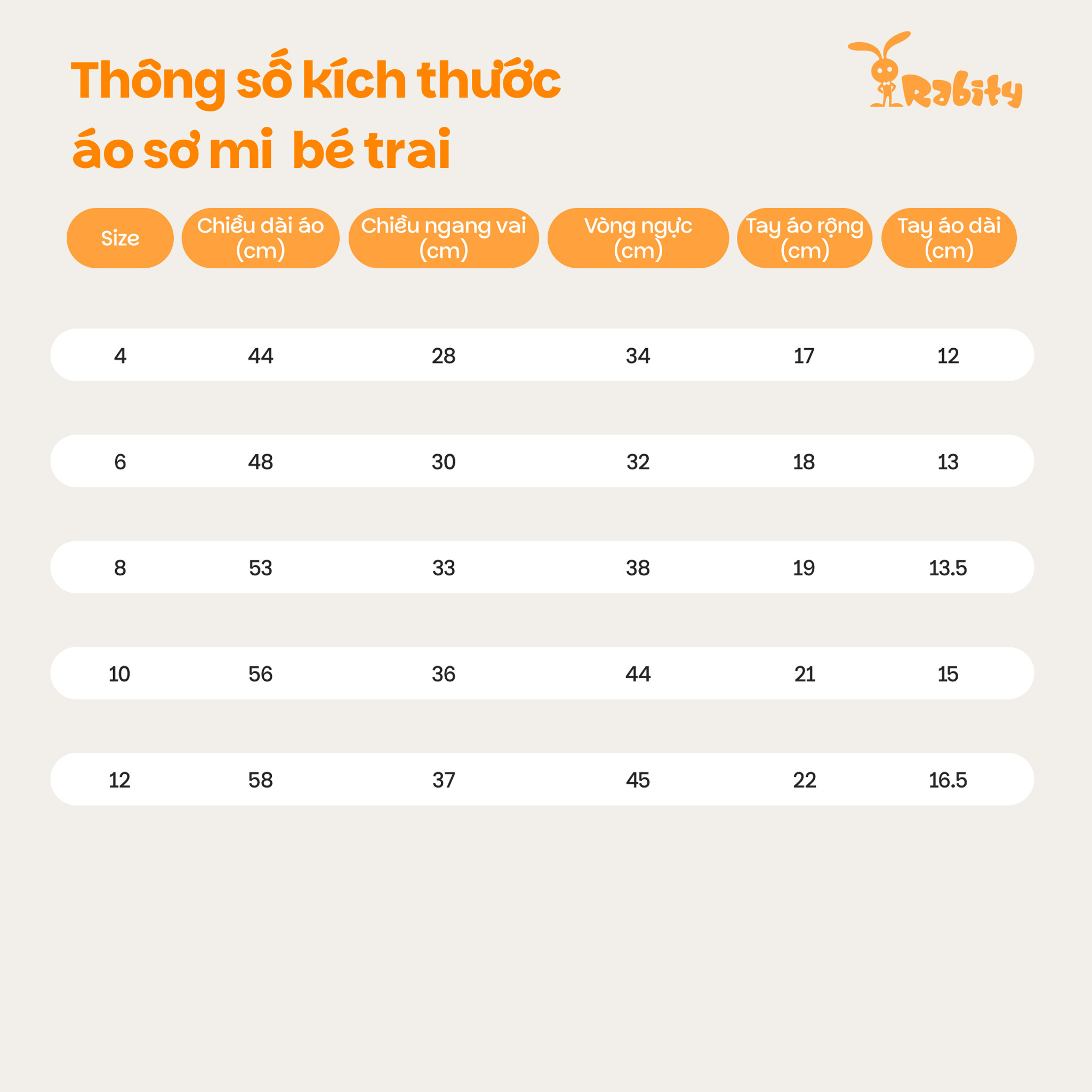 Bảng size tham khảo áosơ mi ngắn tay bé trai Rabity 902.051