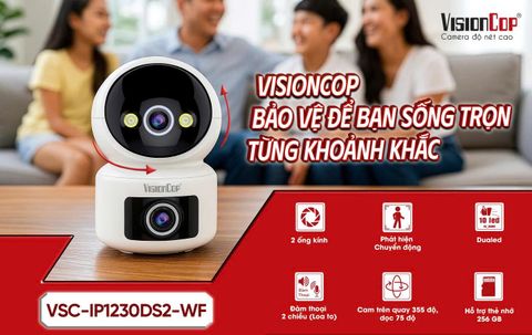 VisionCop VSC-IP1230DS2-WF – Camera wifi trong nhà, 2 ống kính thông minh, giám sát toàn diện, bảo vệ gia đình bạn 24/7.