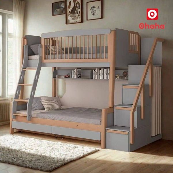 Giường tầng gỗ tự nhiên màu xanh cho bé trai