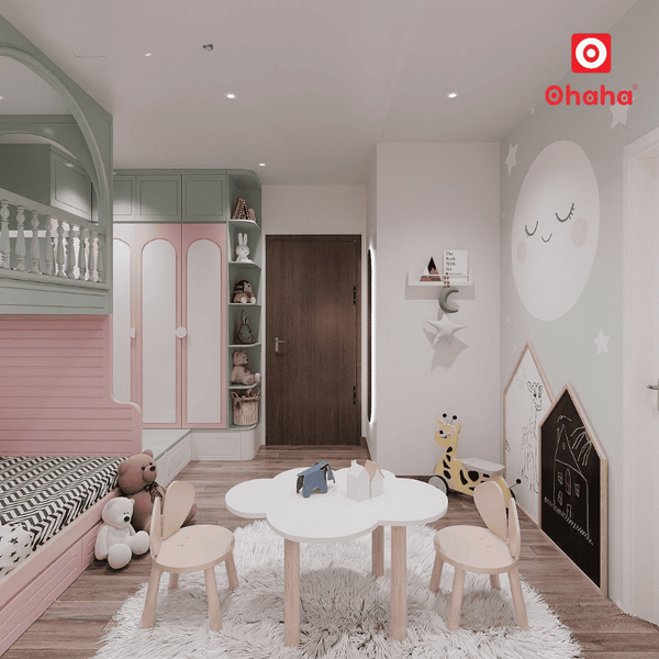 Combo phòng ngủ kết hợp giường tầng cho bé gái