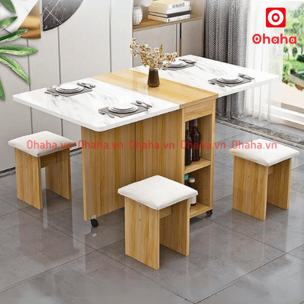 Bàn ăn gấp gọn thông minh có ghế bọc nệm và bánh xe Ohaha - BA024 gọn gàng, tiện lợi