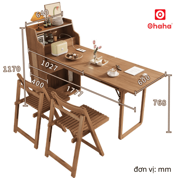 Kích thước tổng thể của bàn ăn gấp gọn kết hợp tủ bếp hiện đại OHAHA