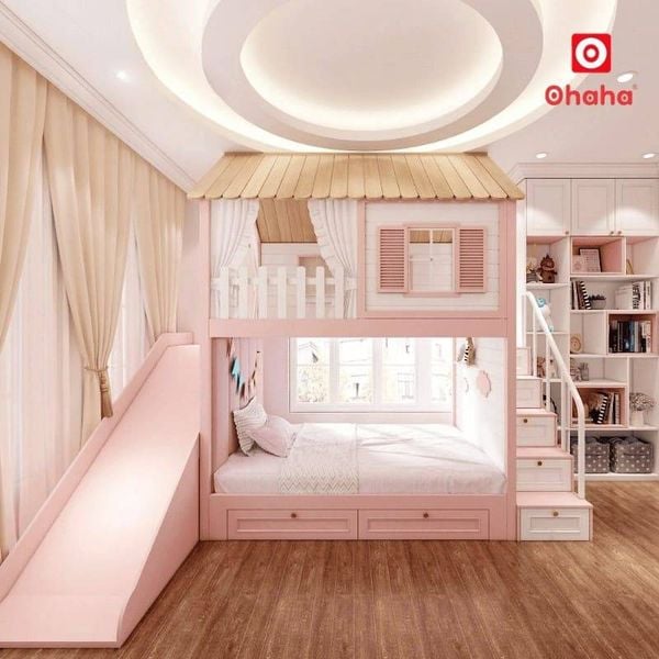 Bố trí giường tầng cho bé gái màu hồng dễ thương