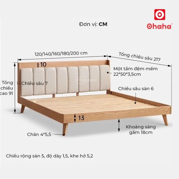Giường làm từ chất liệu gỗ cao su veneer sồi bền đẹp, an toàn