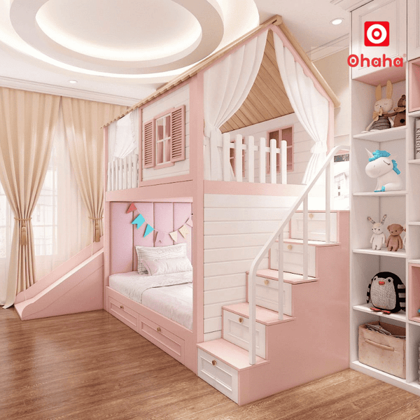 Giường tầng màu hồng cho bé gái