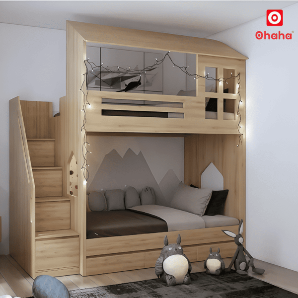 Giường tầng thông minh hiện đại Ohaha - GTTM060&nbsp;được làm từ&nbsp;chất liệu gỗ MDF,&nbsp;bề mặt phủ&nbsp;Melamine 2 mặt&nbsp;chống ẩm tốt.