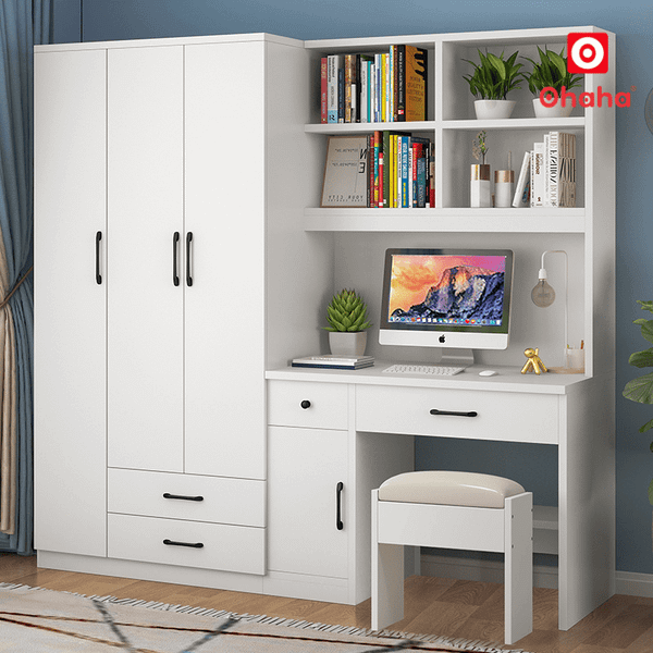 Tủ quần áo gỗ công nghiệp hiện đại kết hợp bàn làm việc&nbsp;Ohaha - HĐ028&nbsp;có nhiều ngăn kéo và khoang lưu trữ quần áo và các vật dụng cá nhân khác