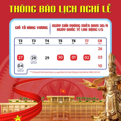 THÔNG BÁO NGHỈ LỄ GIỖ TỔ HÙNG VƯƠNG VÀ LỄ 30/4 & 1/5 NĂM 2026.