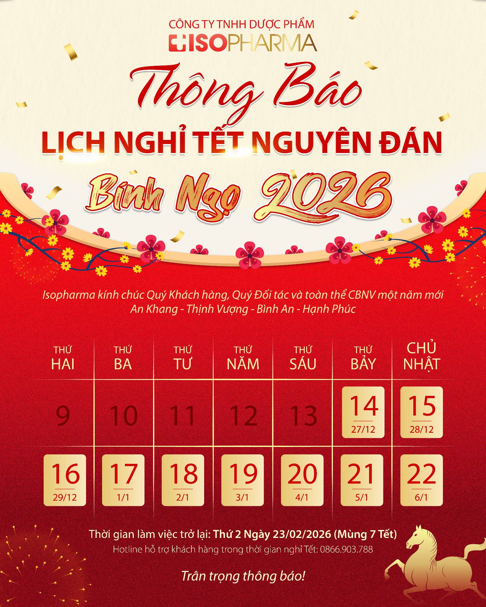 THÔNG BÁO LỊCH NGHỈ TẾT NGUYÊN ĐÁN BÍNH NGỌ 2026