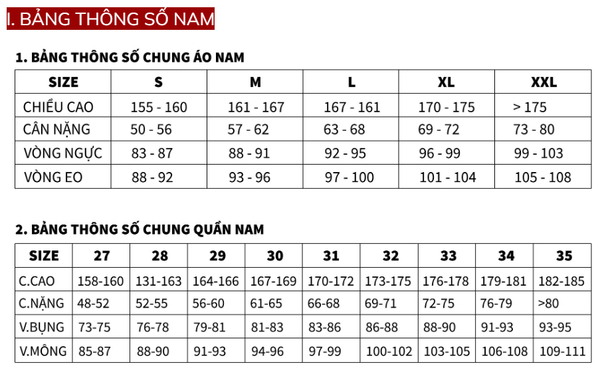 Bảng size quần jean nam GENVIET JEANS