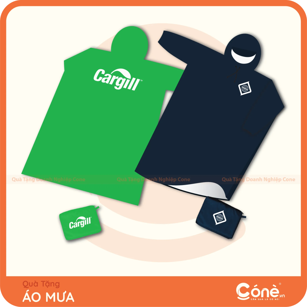 Áo mưa bít in logo Cargill màu xanh lá và áo mưa màu xanh đậm kèm túi đựng