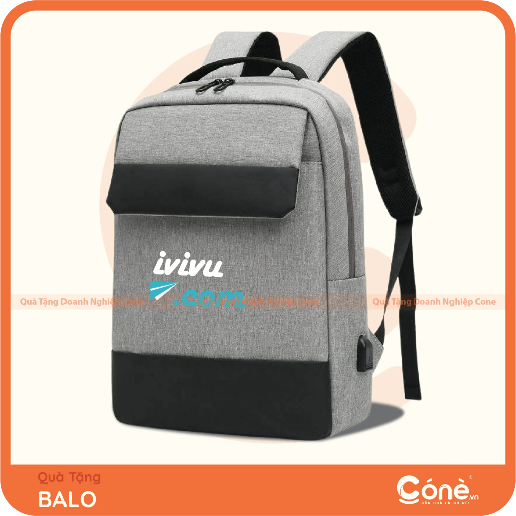 Balo quà tặng in logo Ivivu.com màu xám đen