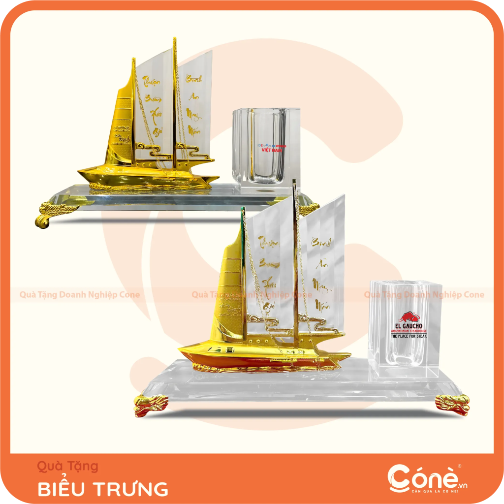 Biểu trưng thuyền buồm pha lê kèm ống cắm bút in logo IDE Việt Nam và El Gaucho