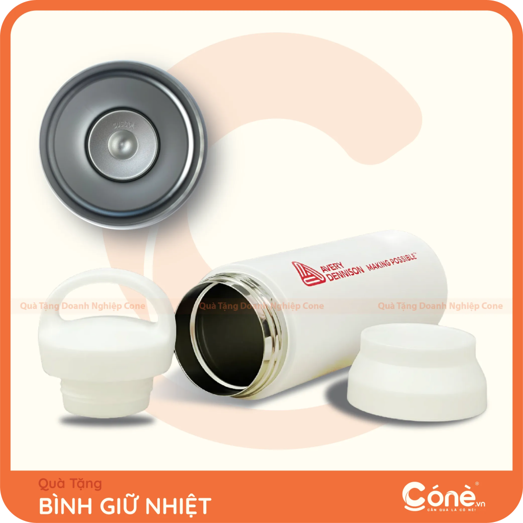 Bình giữ nhiệt in logo Avery Dennison màu trắng kèm nắp và quai xách
