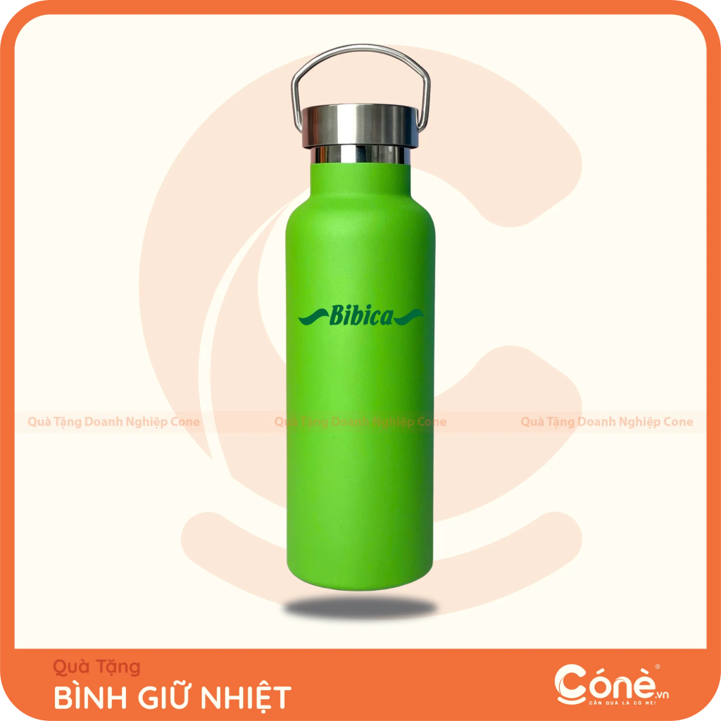 Bình giữ nhiệt in logo Bibica màu xanh lá có quai xách