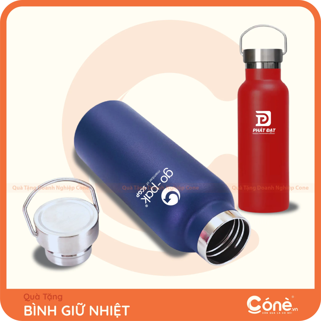 Bình giữ nhiệt in logo Go-Pak và Phát Đạt màu xanh đỏ có quai xách