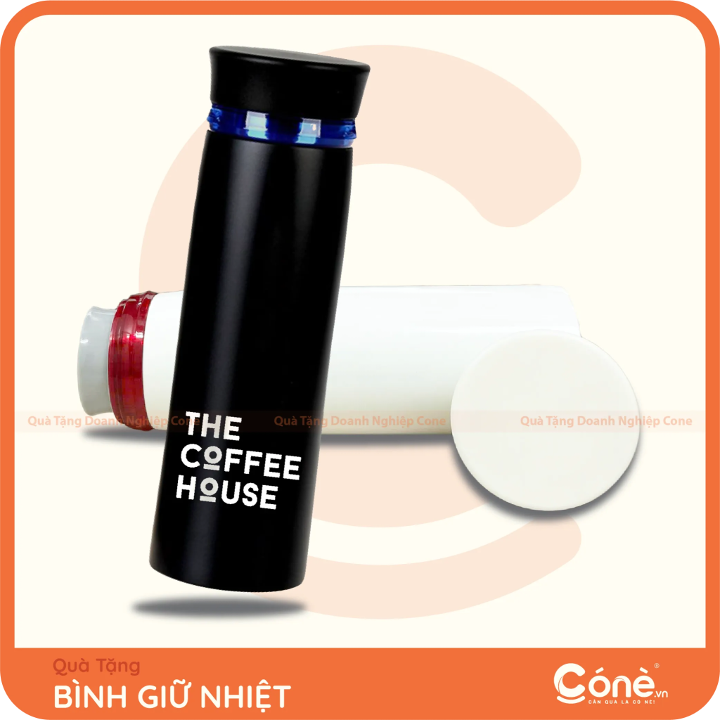 Bình giữ nhiệt màu đen và trắng in logo The Coffee House