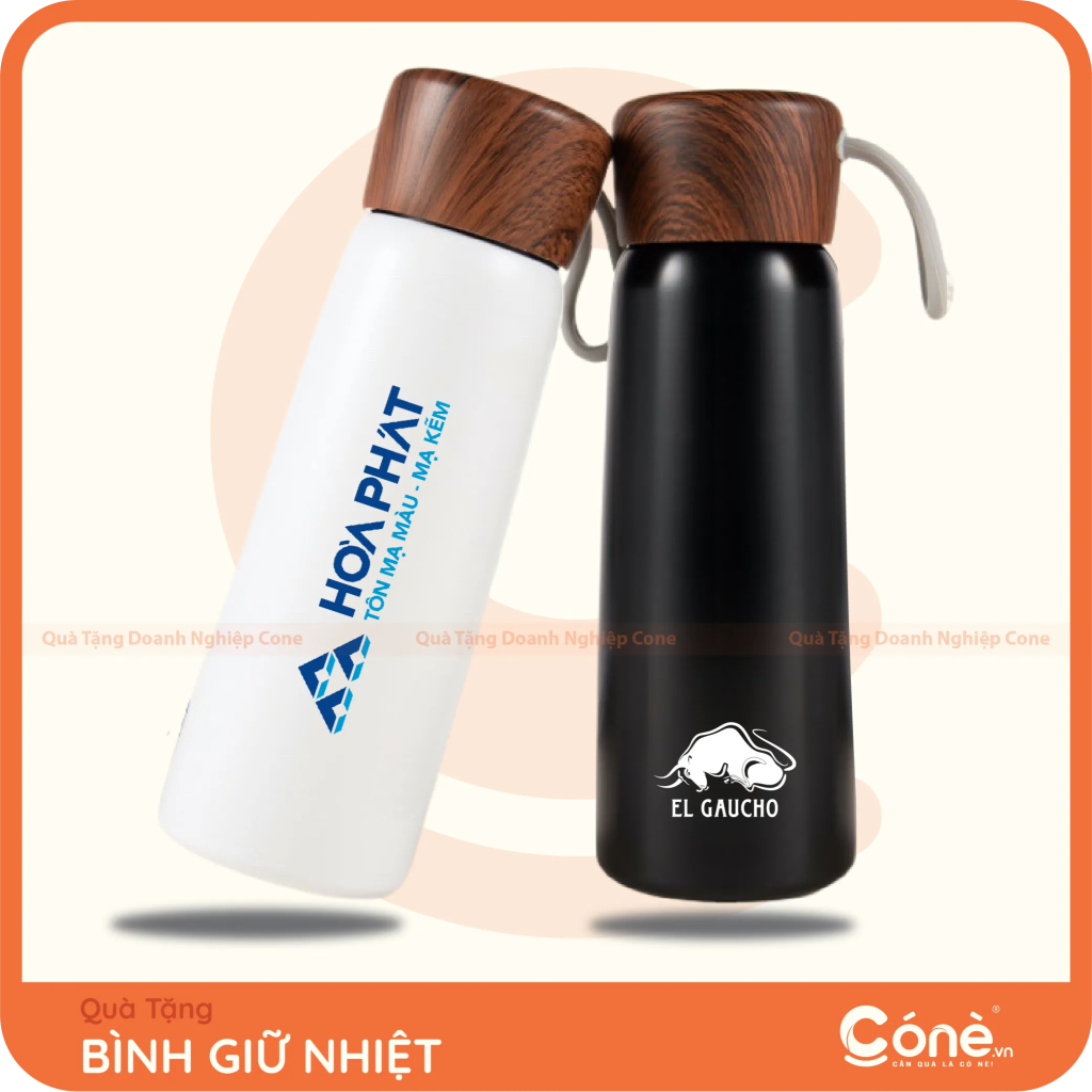 Bình giữ nhiệt in logo Hòa Phát và El Gaucho màu trắng đen nắp vân gỗ