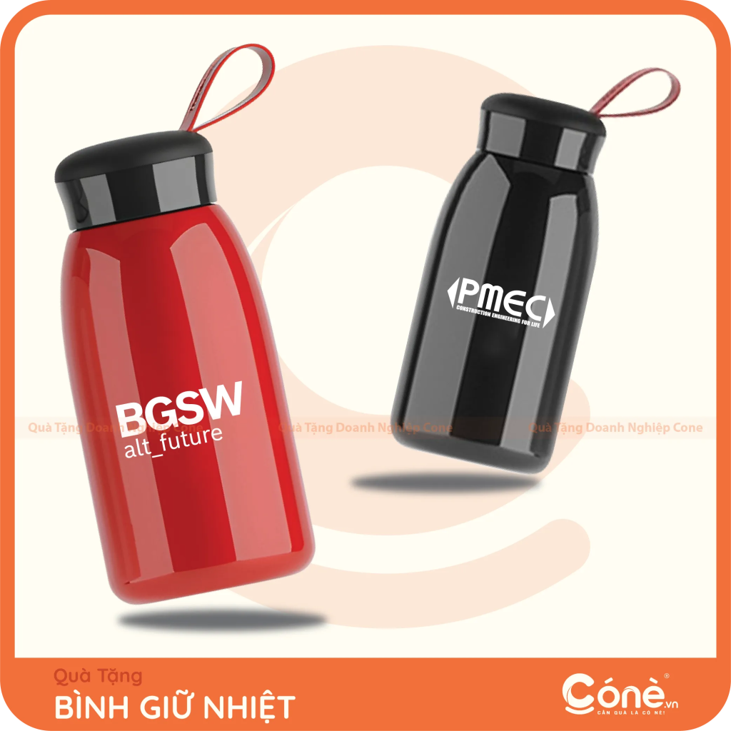 Bình giữ nhiệt in logo BGSW và APMEC màu đỏ đen có quai xách