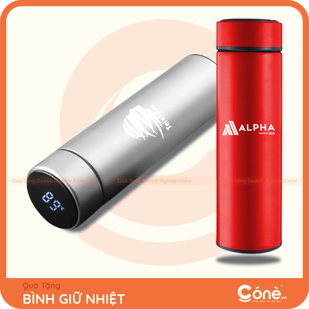 Bình giữ nhiệt in logo Tselim và Alpha màu bạc đỏ có màn hình hiển thị nhiệt độ