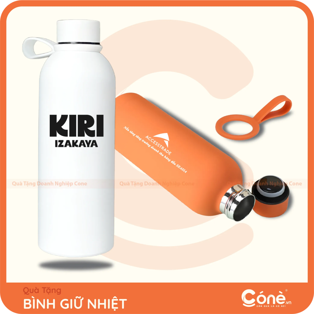 Bình giữ nhiệt in logo Kiri Izakaya màu trắng và AccessTrade màu cam